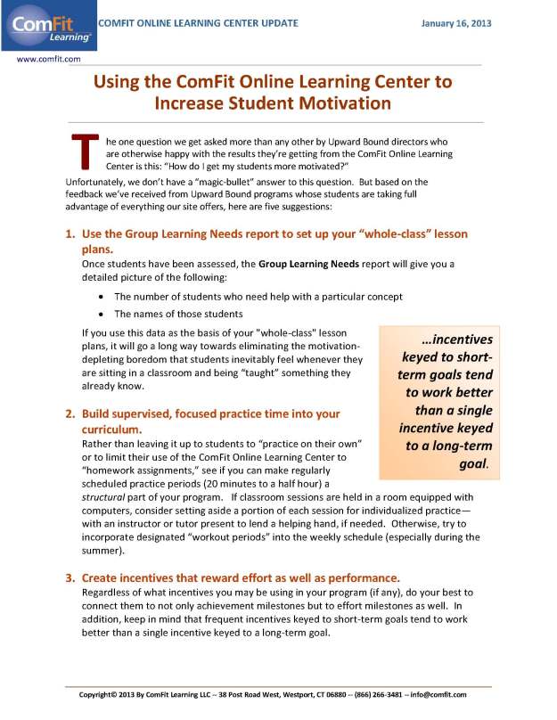 Using the ComFit Online Learning Center to Increase Student Motivation